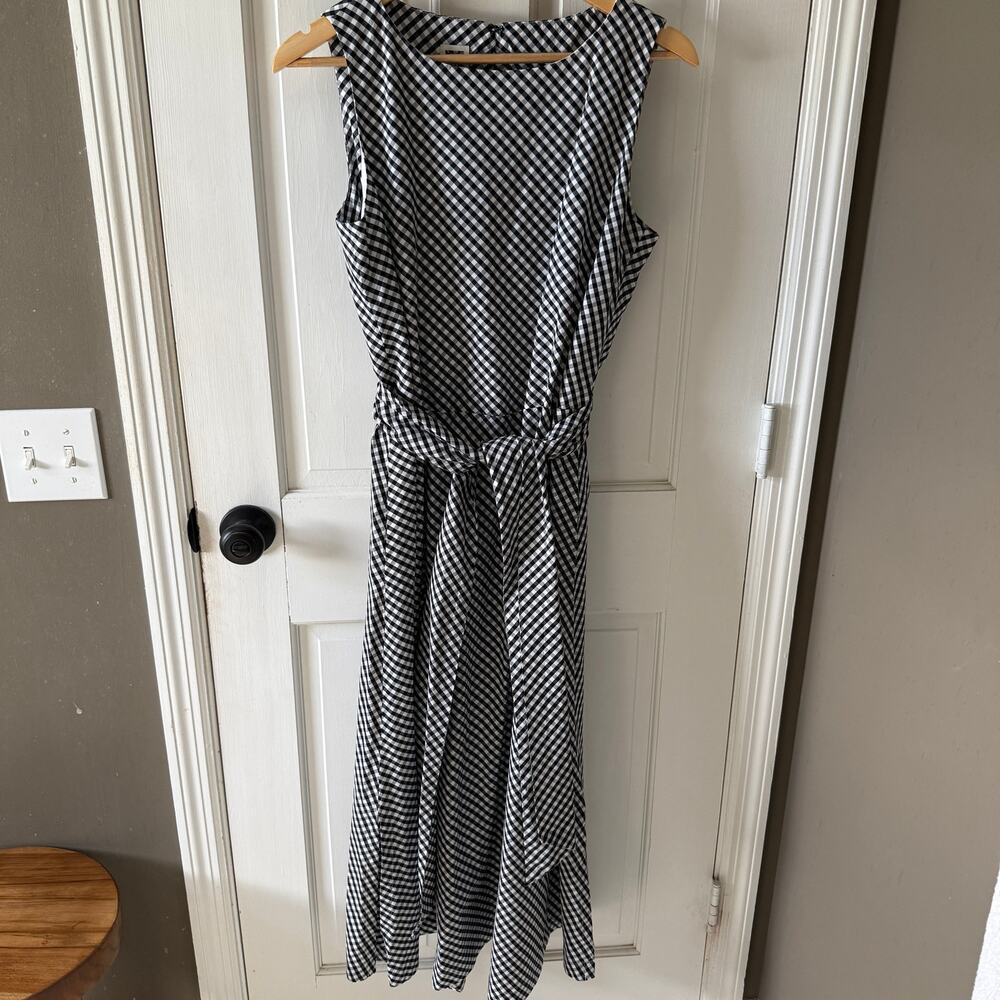 Vintage Anne Klein Black White Gingham Midi Dress Sash 100% Cotton EUC Size M